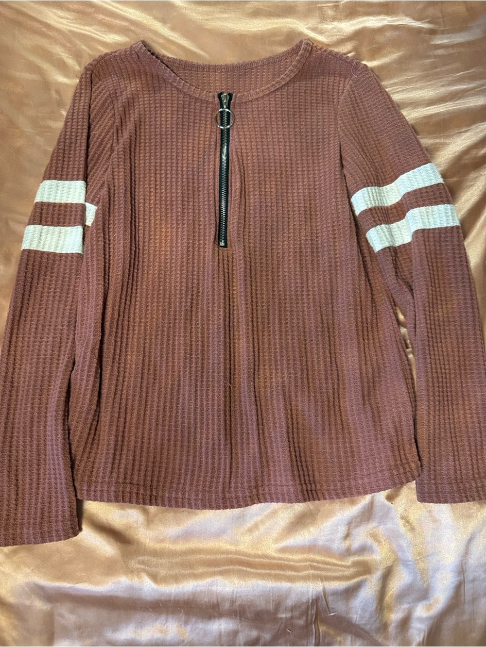 Women’s Waffle Knit Half-Zip Sweater in Mauve with White Stripes